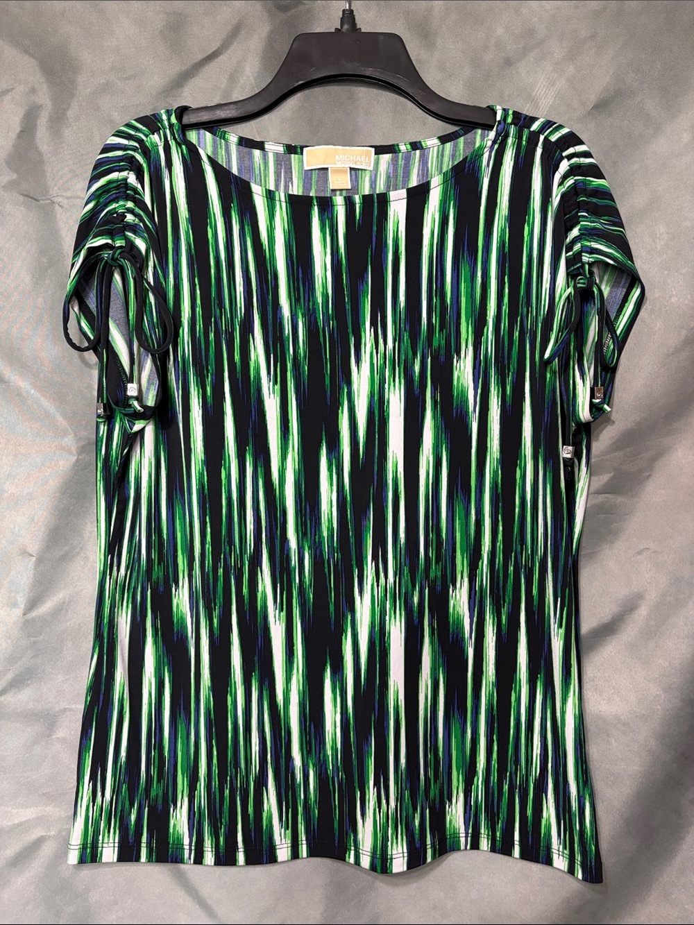 Michael Kors Black, Green & White Striped-Print Short Sleeve Top